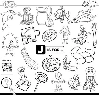 Letter J educational task coloring book page 스톡 일러스트