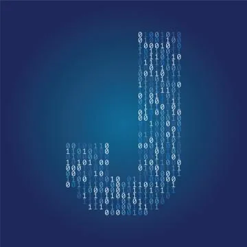 Letter J font made from binary code digits on a dark blue background Stock Illustration