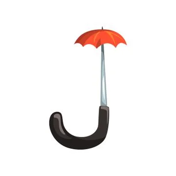 Letter J formed of red handle umbrella. Detailed cartoon character. Concept of Illustration