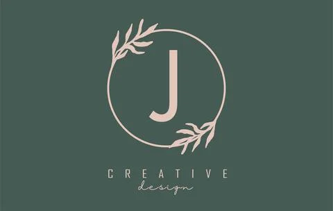 Letter J Logo with circle frame and pastel leaves design. Rounded vector illu Illustrazione stock