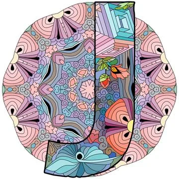 Letter J monogram on mandala, engraving design. Vector illustration. Stock Illustration