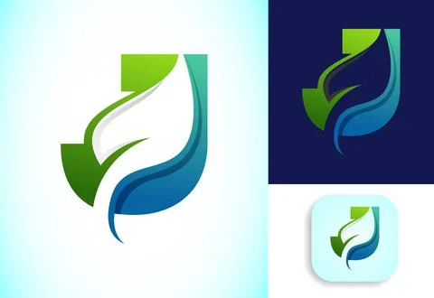 Letter J with negative space leaf logo vector template. Gradient logo design 스톡 일러스트