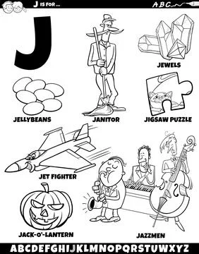 Letter J set with cartoon objects and characters coloring page Stock Illustration