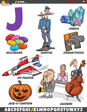 Letter J set with cartoon objects and characters Stock Illustration