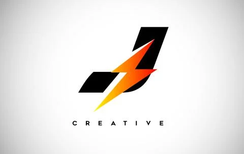 Letter J Thunderbolt Logo Concept with Black Letter and Orange Yellow Thunder Illustrazione stock