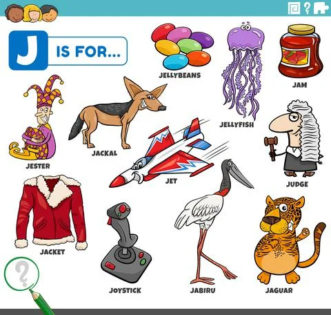 Letter j words educational set with cartoon characters 스톡 일러스트