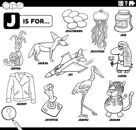 Letter j words educational set coloring book page Illustrazione stock