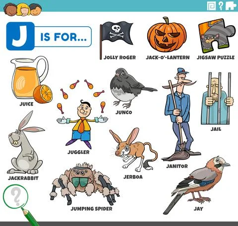 Letter j words educational set with cartoon characters Illustrazione stock