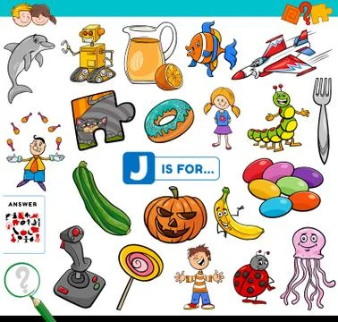 Letter J words educational task for children Illustrazione stock