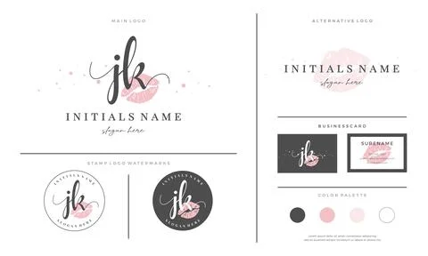 Letter JK J K Initial handwriting logo template with lipstick kiss or makeup Stock Illustration
