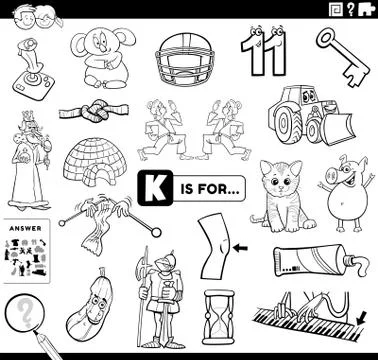 Letter k educational task coloring book page 스톡 일러스트