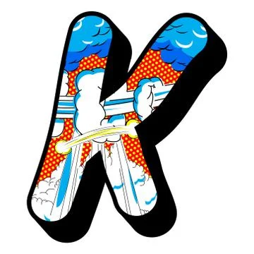 Letter K filled with comic book explosion, background. Illustrazione stock