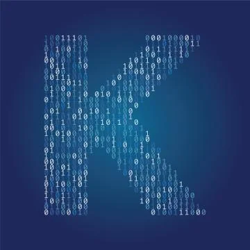 Letter K font made from binary code digits on a dark blue background Stock Illustration