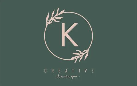Letter K Logo with circle frame and pastel leaves design. Rounded vector illu Stock Illustration
