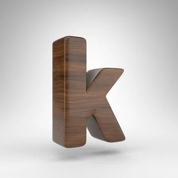 Letter K lowercase on white background. Dark oak 3D letter with brown wood Иллюстрация