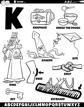 Letter K set with cartoon objects and characters coloring page Stock Illustration