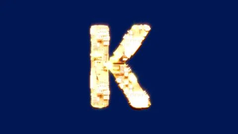 Letter K, technologic blazing orange cyberpunk alphabet on blue screen Stock Illustration