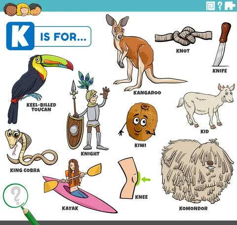 Letter k words educational set with cartoon characters Illustrazione stock
