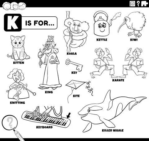 Letter k words educational set coloring book page Illustrazione stock
