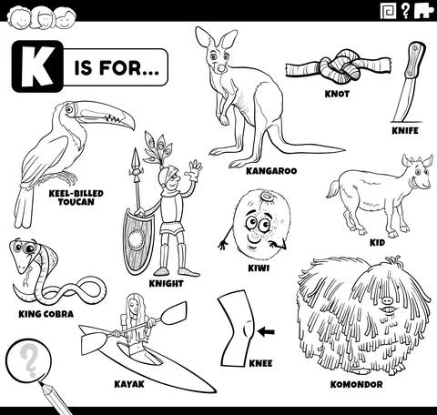 Letter k words educational set coloring book page Illustrazione stock