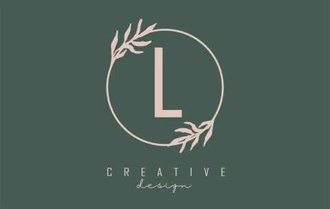 Letter L Logo with circle frame and pastel leaves design. Rounded vector illu Stock Illustration