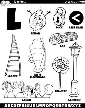 Letter L set with cartoon objects and characters coloring page Stock Illustration