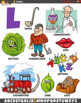 Letter L set with cartoon objects and characters Stock Illustration