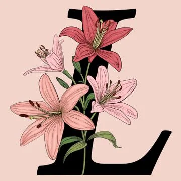 Letter L vector logo monogram with pink lily flowers. Stock Illustration