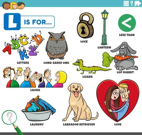Letter l words educational set with cartoon characters Illustrazione stock