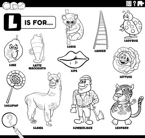 Letter l words educational set coloring book page 스톡 일러스트