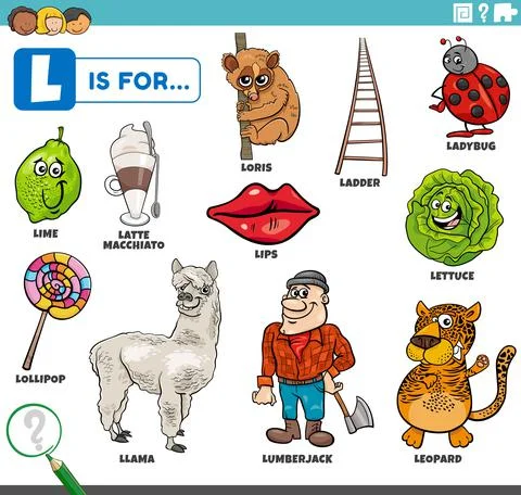 Letter l words educational set with cartoon characters Illustrazione stock