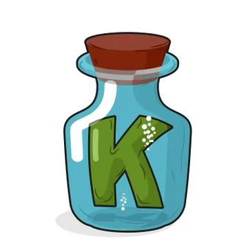 Letter in a laboratory bottle. K In a magic bottle with a wooden lid. Researc Stock Illustration