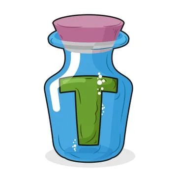 Letter in a laboratory bottle. T in  magic bottle with a wooden lid. Research Stockillustratie