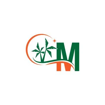 Letter M blends with coconut trees by the beach at night Illustrazione stock