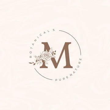 Letter M Botanical Flowers . Initial Wedding Monogram Font Logo. Circle Flora Stock-Illustration