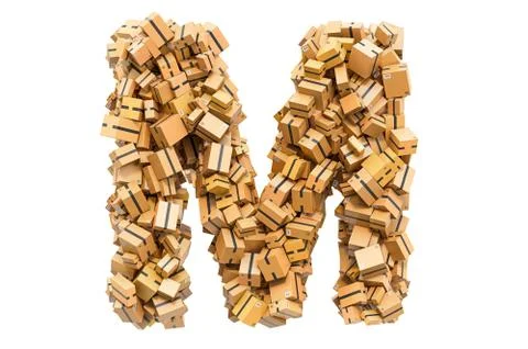 Letter M from cardboard boxes. 3D rendering Stock Illustration