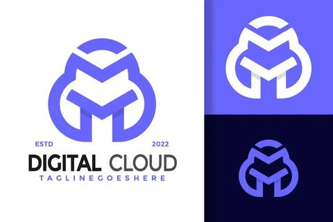 Letter M Digital Cloud Creative Logo Design Vector Illustration Template Illustrazione stock