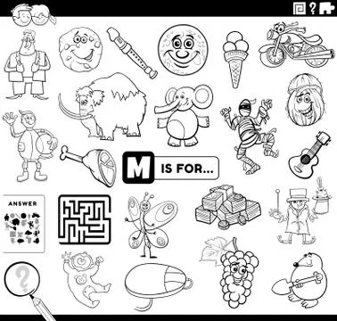 Letter m educational task coloring book page Illustrazione stock
