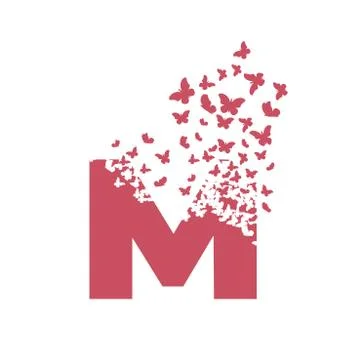 Letter M with effect of destruction. Dispersion. Butterfly, moth Illustrazione stock