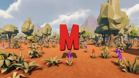 Letter m icon with low poly landscape 3d render Stock Illustration