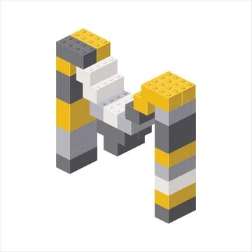 Letter M in isometric view assembled from plastic blocks. Vector Stock Illustration