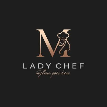 Letter M Lady Chef, Initial Beauty Cook Logo Design Vector Stock Illustration