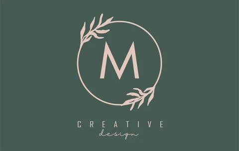 Letter M Logo with circle frame and pastel leaves design. Rounded vector illu Illustrazione stock