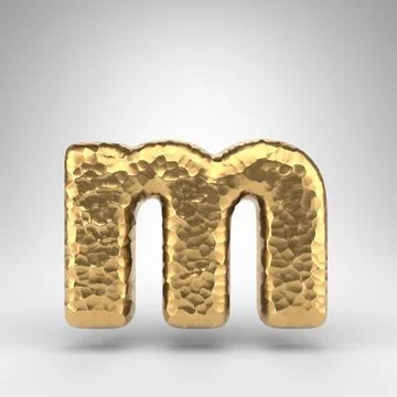 Letter M lowercase on white background. Hammered brass 3D letter with shiny m Stock Illustration