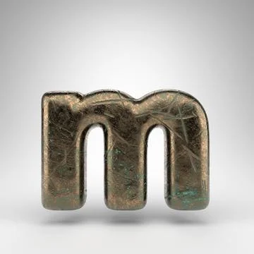 Letter M lowercase on white background. Bronze 3D letter with oxidized scratc Иллюстрация