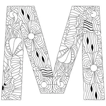 Letter M monogram for coloring, engraving design. Vector illustration. イラスト素材
