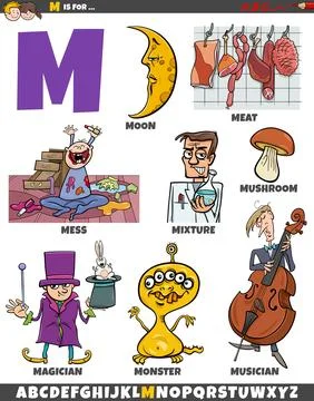 Letter M set with cartoon objects and characters Ilustração Stock
