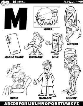Letter M set with cartoon objects and characters coloring page Stock Illustration