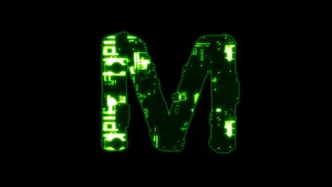 Letter M, shining high tech digital cyber punk green font on black Stock Illustration