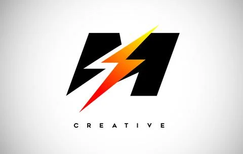 Letter M Thunderbolt Logo Concept with Black Letter and Orange Yellow Thunder Stock Illustration